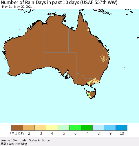 Australia Number of Rain Days in past 10 days (USAF 557th WW) Thematic Map For 5/16/2021 - 5/20/2021