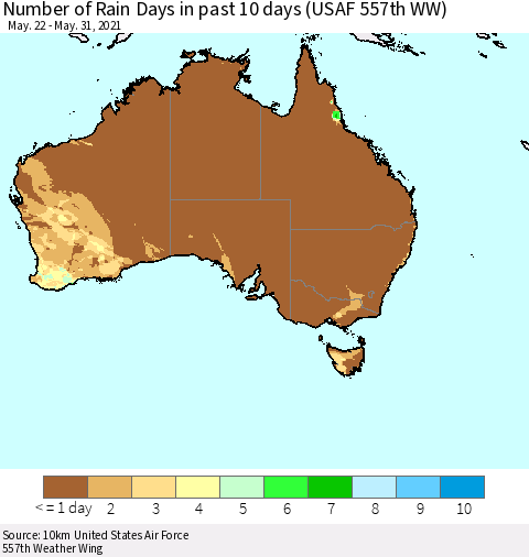 Australia Number of Rain Days in past 10 days (USAF 557th WW) Thematic Map For 5/26/2021 - 5/31/2021
