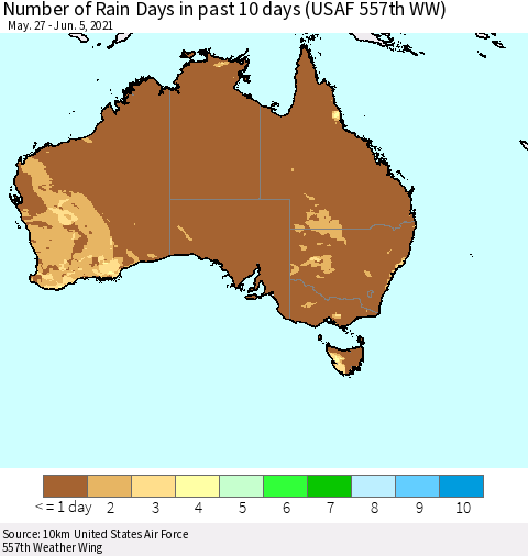 Australia Number of Rain Days in past 10 days (USAF 557th WW) Thematic Map For 6/1/2021 - 6/5/2021