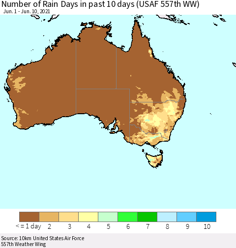 Australia Number of Rain Days in past 10 days (USAF 557th WW) Thematic Map For 6/6/2021 - 6/10/2021