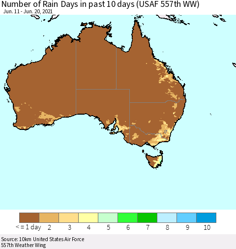 Australia Number of Rain Days in past 10 days (USAF 557th WW) Thematic Map For 6/16/2021 - 6/20/2021