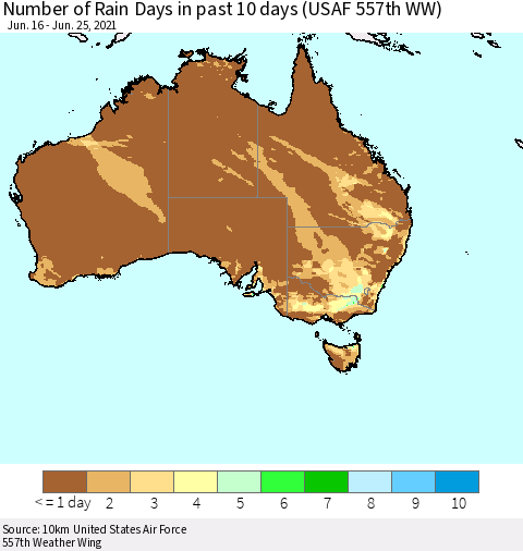 Australia Number of Rain Days in past 10 days (USAF 557th WW) Thematic Map For 6/21/2021 - 6/25/2021