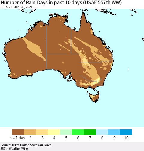 Australia Number of Rain Days in past 10 days (USAF 557th WW) Thematic Map For 6/26/2021 - 6/30/2021