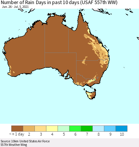Australia Number of Rain Days in past 10 days (USAF 557th WW) Thematic Map For 7/1/2021 - 7/5/2021
