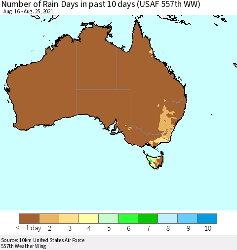 Australia Number of Rain Days in past 10 days (USAF 557th WW) Thematic Map For 8/21/2021 - 8/25/2021