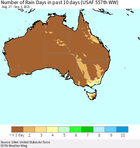 Australia Number of Rain Days in past 10 days (USAF 557th WW) Thematic Map For 9/1/2021 - 9/5/2021