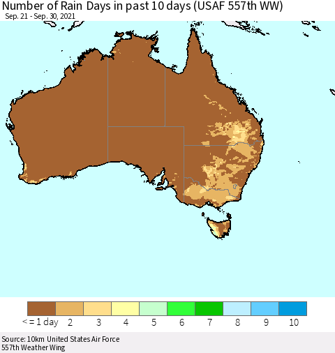 Australia Number of Rain Days in past 10 days (USAF 557th WW) Thematic Map For 9/26/2021 - 9/30/2021