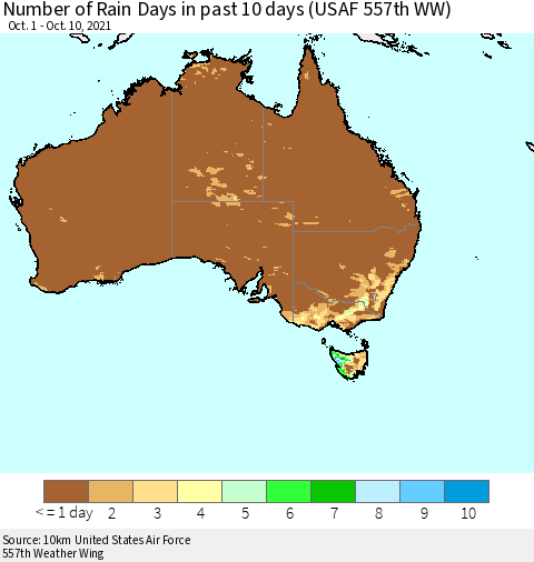 Australia Number of Rain Days in past 10 days (USAF 557th WW) Thematic Map For 10/6/2021 - 10/10/2021