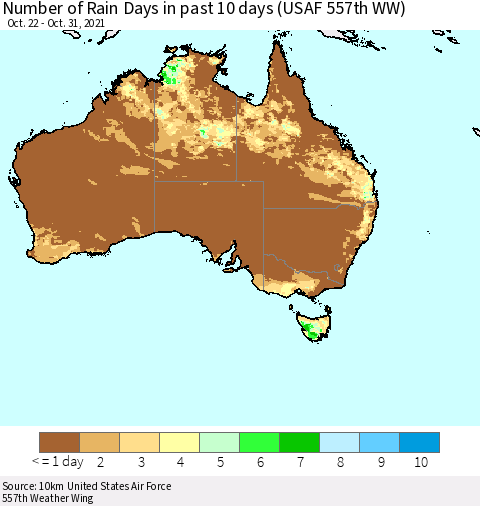 Australia Number of Rain Days in past 10 days (USAF 557th WW) Thematic Map For 10/26/2021 - 10/31/2021