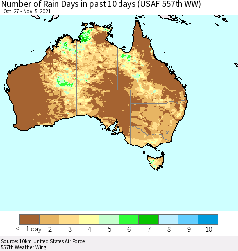 Australia Number of Rain Days in past 10 days (USAF 557th WW) Thematic Map For 11/1/2021 - 11/5/2021
