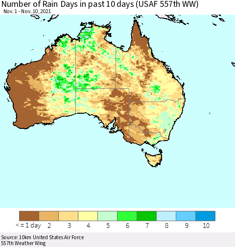 Australia Number of Rain Days in past 10 days (USAF 557th WW) Thematic Map For 11/6/2021 - 11/10/2021
