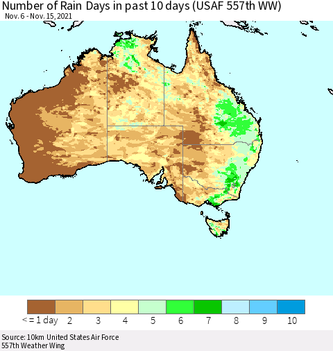 Australia Number of Rain Days in past 10 days (USAF 557th WW) Thematic Map For 11/11/2021 - 11/15/2021