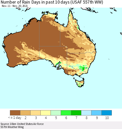 Australia Number of Rain Days in past 10 days (USAF 557th WW) Thematic Map For 11/16/2021 - 11/20/2021