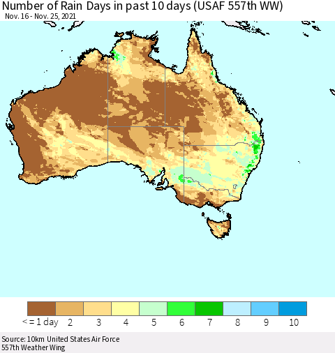 Australia Number of Rain Days in past 10 days (USAF 557th WW) Thematic Map For 11/21/2021 - 11/25/2021