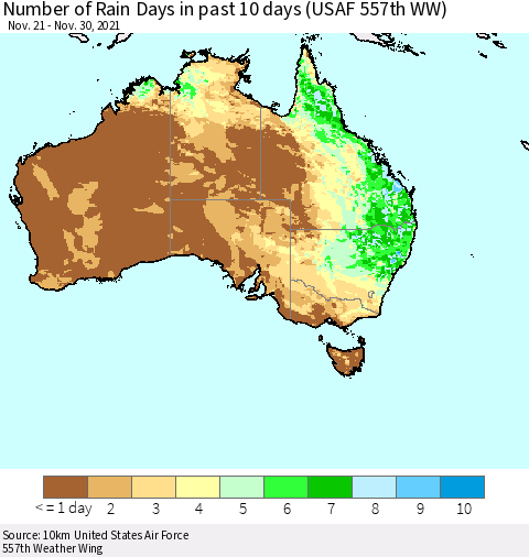 Australia Number of Rain Days in past 10 days (USAF 557th WW) Thematic Map For 11/26/2021 - 11/30/2021