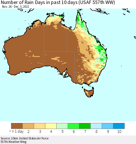 Australia Number of Rain Days in past 10 days (USAF 557th WW) Thematic Map For 12/1/2021 - 12/5/2021
