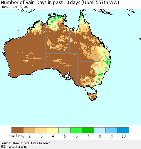 Australia Number of Rain Days in past 10 days (USAF 557th WW) Thematic Map For 12/6/2021 - 12/10/2021