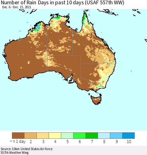 Australia Number of Rain Days in past 10 days (USAF 557th WW) Thematic Map For 12/11/2021 - 12/15/2021