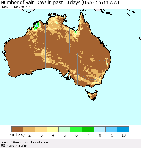 Australia Number of Rain Days in past 10 days (USAF 557th WW) Thematic Map For 12/16/2021 - 12/20/2021