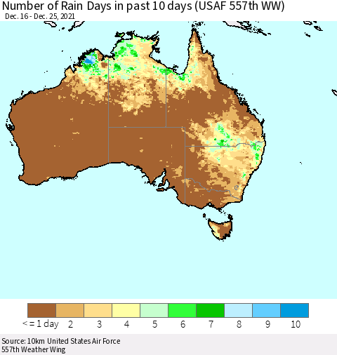 Australia Number of Rain Days in past 10 days (USAF 557th WW) Thematic Map For 12/21/2021 - 12/25/2021