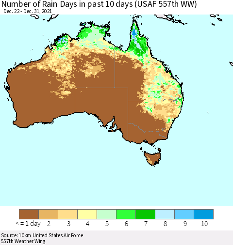 Australia Number of Rain Days in past 10 days (USAF 557th WW) Thematic Map For 12/26/2021 - 12/31/2021
