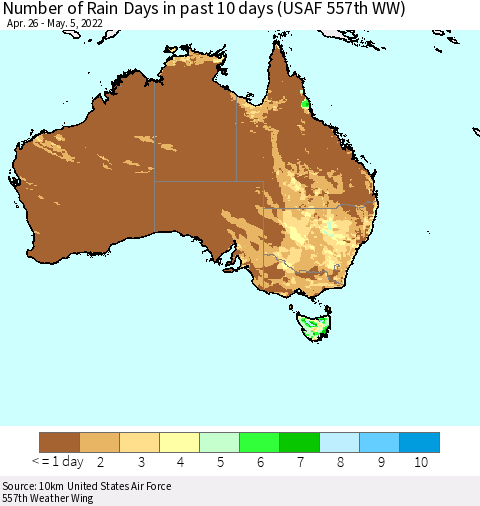 Australia Number of Rain Days in past 10 days (USAF 557th WW) Thematic Map For 5/1/2022 - 5/5/2022