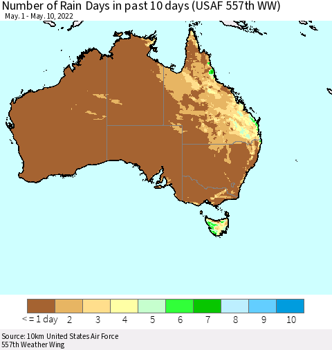 Australia Number of Rain Days in past 10 days (USAF 557th WW) Thematic Map For 5/6/2022 - 5/10/2022