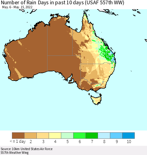 Australia Number of Rain Days in past 10 days (USAF 557th WW) Thematic Map For 5/11/2022 - 5/15/2022