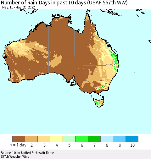 Australia Number of Rain Days in past 10 days (USAF 557th WW) Thematic Map For 5/16/2022 - 5/20/2022