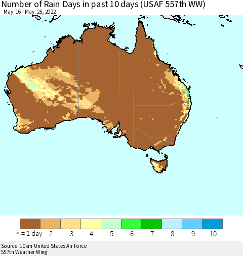Australia Number of Rain Days in past 10 days (USAF 557th WW) Thematic Map For 5/21/2022 - 5/25/2022
