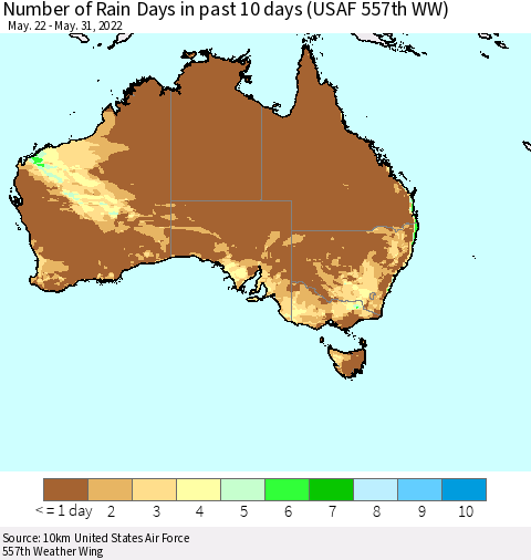 Australia Number of Rain Days in past 10 days (USAF 557th WW) Thematic Map For 5/26/2022 - 5/31/2022