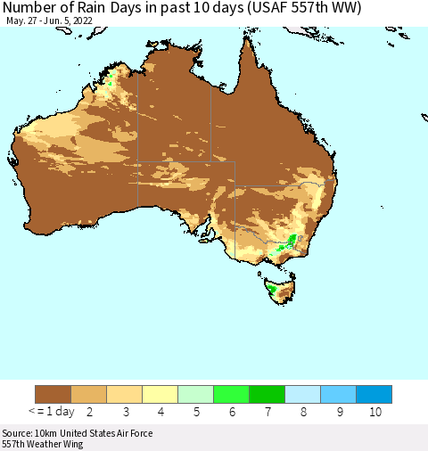 Australia Number of Rain Days in past 10 days (USAF 557th WW) Thematic Map For 6/1/2022 - 6/5/2022