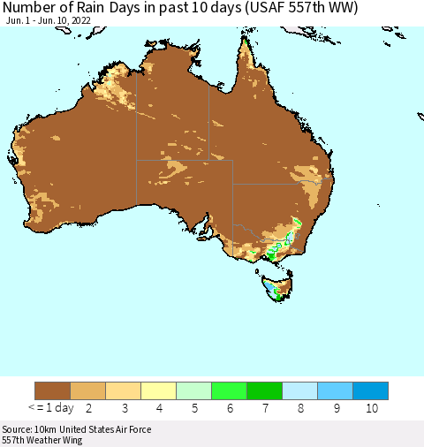 Australia Number of Rain Days in past 10 days (USAF 557th WW) Thematic Map For 6/6/2022 - 6/10/2022