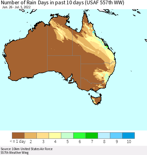 Australia Number of Rain Days in past 10 days (USAF 557th WW) Thematic Map For 7/1/2022 - 7/5/2022