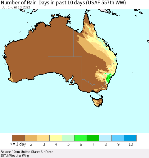 Australia Number of Rain Days in past 10 days (USAF 557th WW) Thematic Map For 7/6/2022 - 7/10/2022