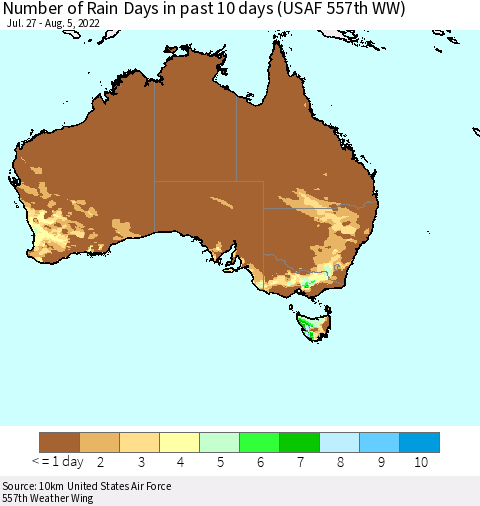 Australia Number of Rain Days in past 10 days (USAF 557th WW) Thematic Map For 8/1/2022 - 8/5/2022
