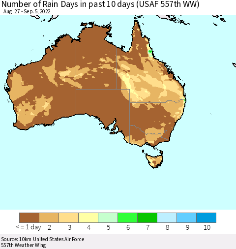 Australia Number of Rain Days in past 10 days (USAF 557th WW) Thematic Map For 9/1/2022 - 9/5/2022