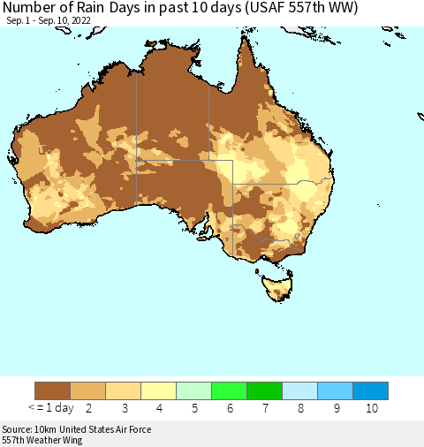 Australia Number of Rain Days in past 10 days (USAF 557th WW) Thematic Map For 9/6/2022 - 9/10/2022