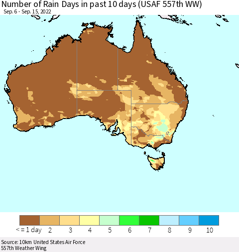 Australia Number of Rain Days in past 10 days (USAF 557th WW) Thematic Map For 9/11/2022 - 9/15/2022