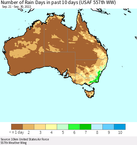Australia Number of Rain Days in past 10 days (USAF 557th WW) Thematic Map For 9/26/2022 - 9/30/2022