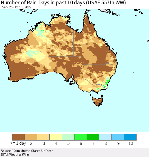 Australia Number of Rain Days in past 10 days (USAF 557th WW) Thematic Map For 10/1/2022 - 10/5/2022