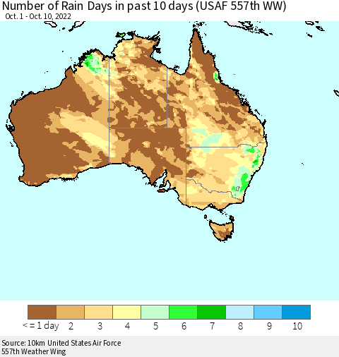 Australia Number of Rain Days in past 10 days (USAF 557th WW) Thematic Map For 10/6/2022 - 10/10/2022
