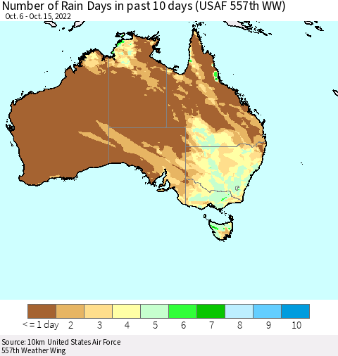 Australia Number of Rain Days in past 10 days (USAF 557th WW) Thematic Map For 10/11/2022 - 10/15/2022