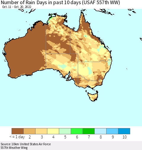Australia Number of Rain Days in past 10 days (USAF 557th WW) Thematic Map For 10/16/2022 - 10/20/2022
