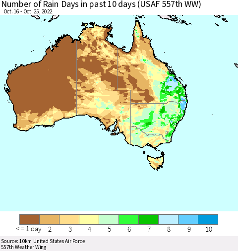Australia Number of Rain Days in past 10 days (USAF 557th WW) Thematic Map For 10/21/2022 - 10/25/2022
