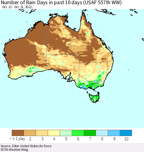 Australia Number of Rain Days in past 10 days (USAF 557th WW) Thematic Map For 10/26/2022 - 10/31/2022