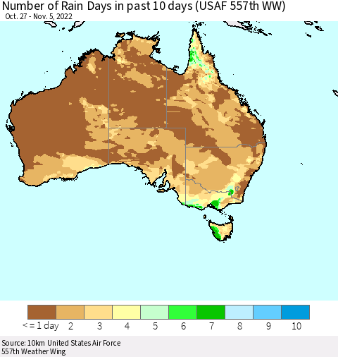 Australia Number of Rain Days in past 10 days (USAF 557th WW) Thematic Map For 11/1/2022 - 11/5/2022