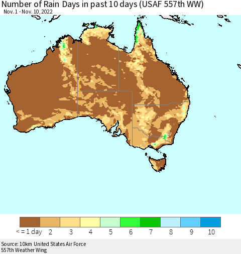 Australia Number of Rain Days in past 10 days (USAF 557th WW) Thematic Map For 11/6/2022 - 11/10/2022