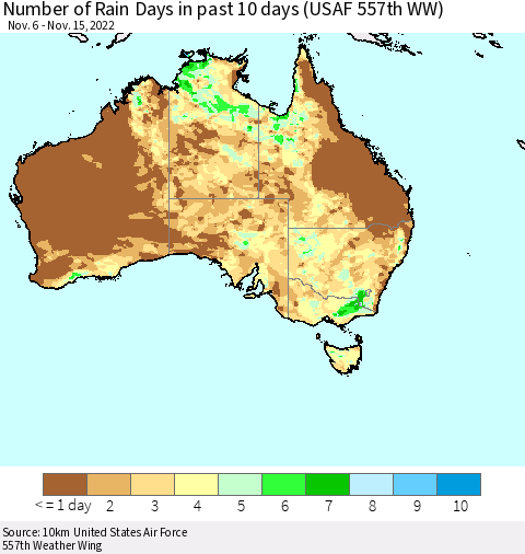 Australia Number of Rain Days in past 10 days (USAF 557th WW) Thematic Map For 11/11/2022 - 11/15/2022