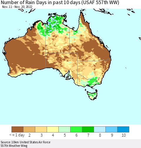 Australia Number of Rain Days in past 10 days (USAF 557th WW) Thematic Map For 11/16/2022 - 11/20/2022